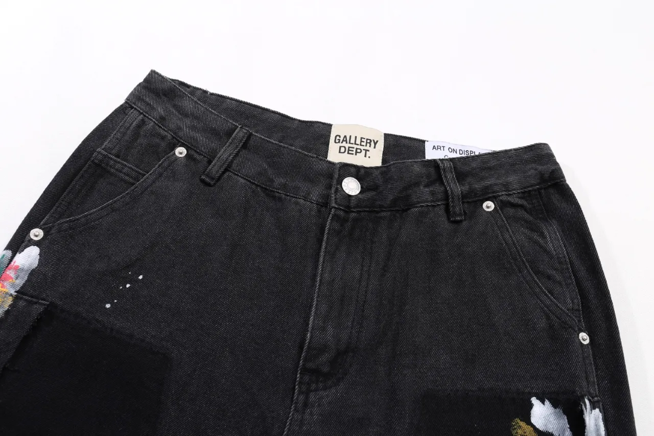 653#Gallery Dept New Hand-painted Ink Splash Patches Spliced ​​Cloth Overalls Logging Pants Distressed Washed Splicing Micro-Large Jeans Beautiful Trendy Pants Versatile Casual Pants Black Gray Khaki S~XL P290